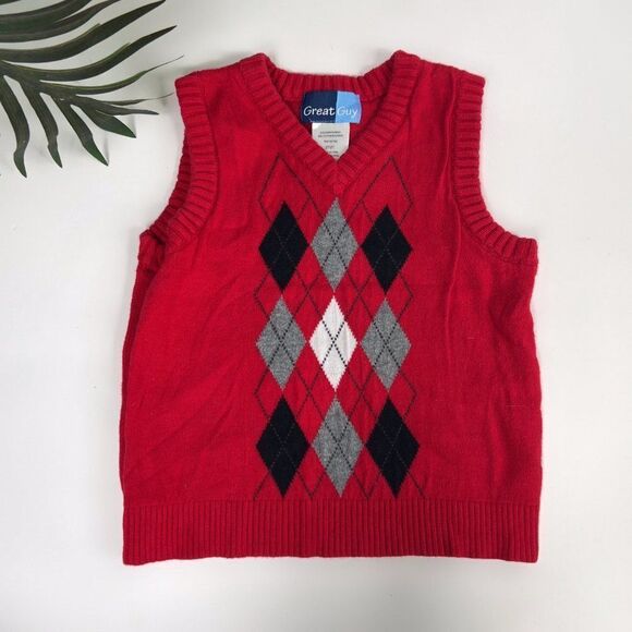 Boys Toddler Classic Preppy Red Argyle Knitted V-Neck Sweater Vest / 2T - Picture 1 of 4